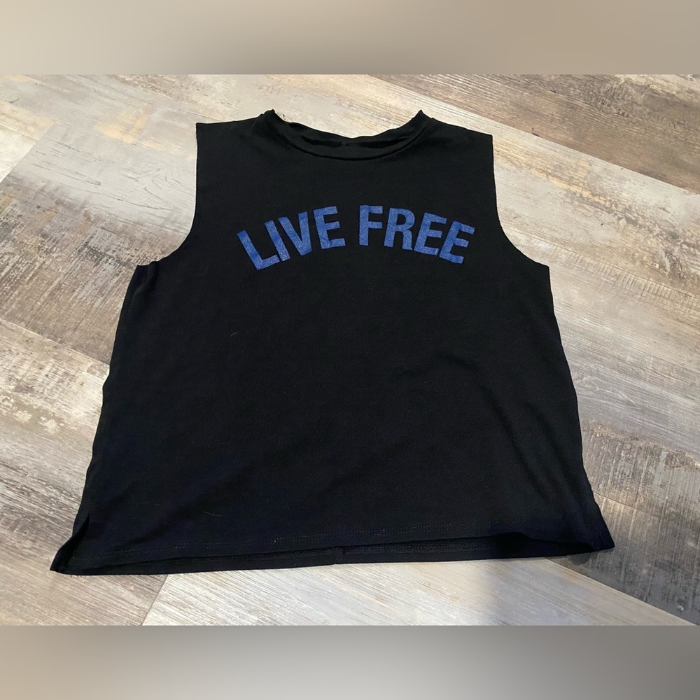 Lovers of hYOUmanity Black Sleeveless Top with Blue 'Live Free' Print
